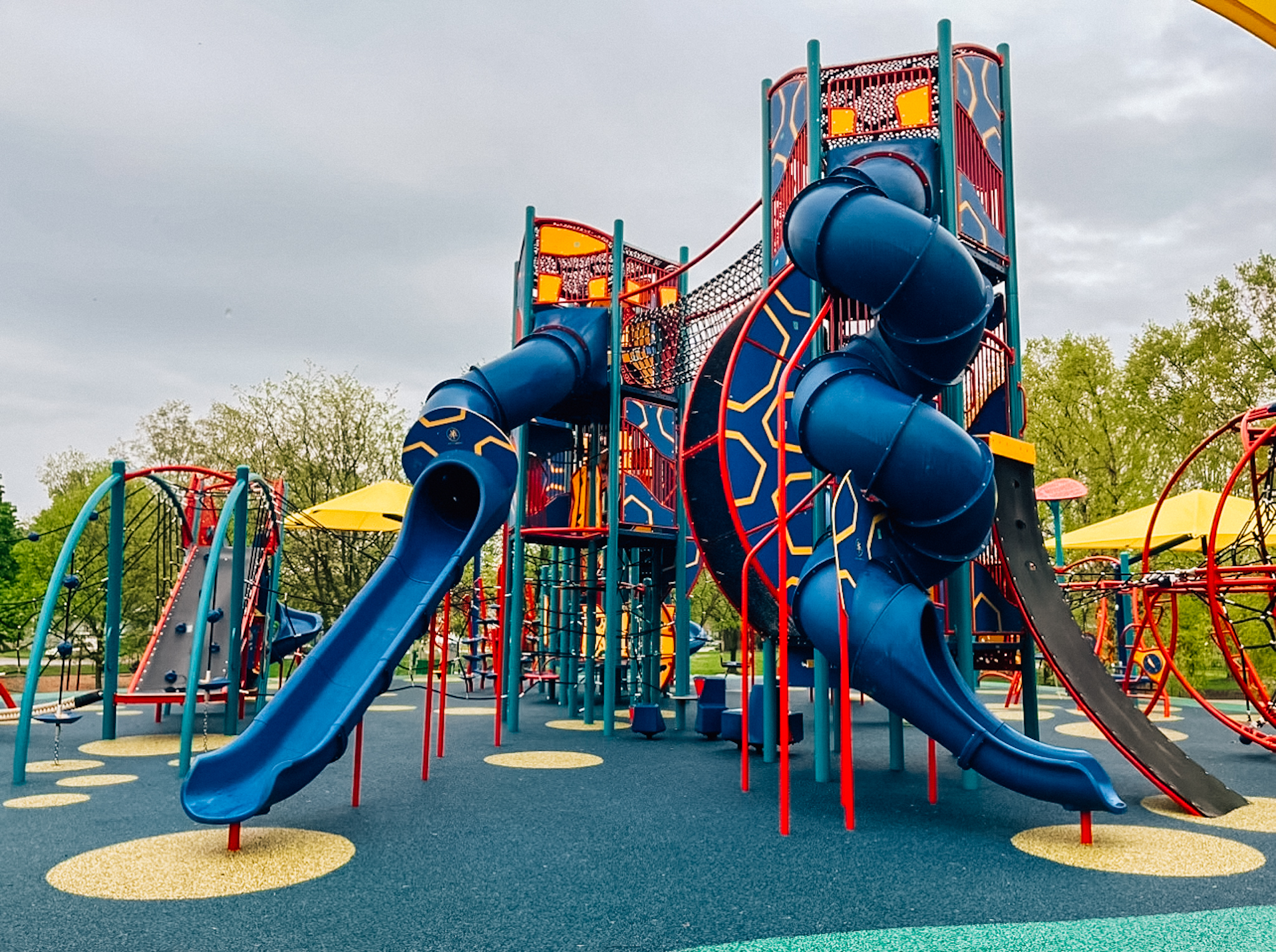 Tall towers with multiple slides installed at Columbian Park playground in Lafayette, Indiana