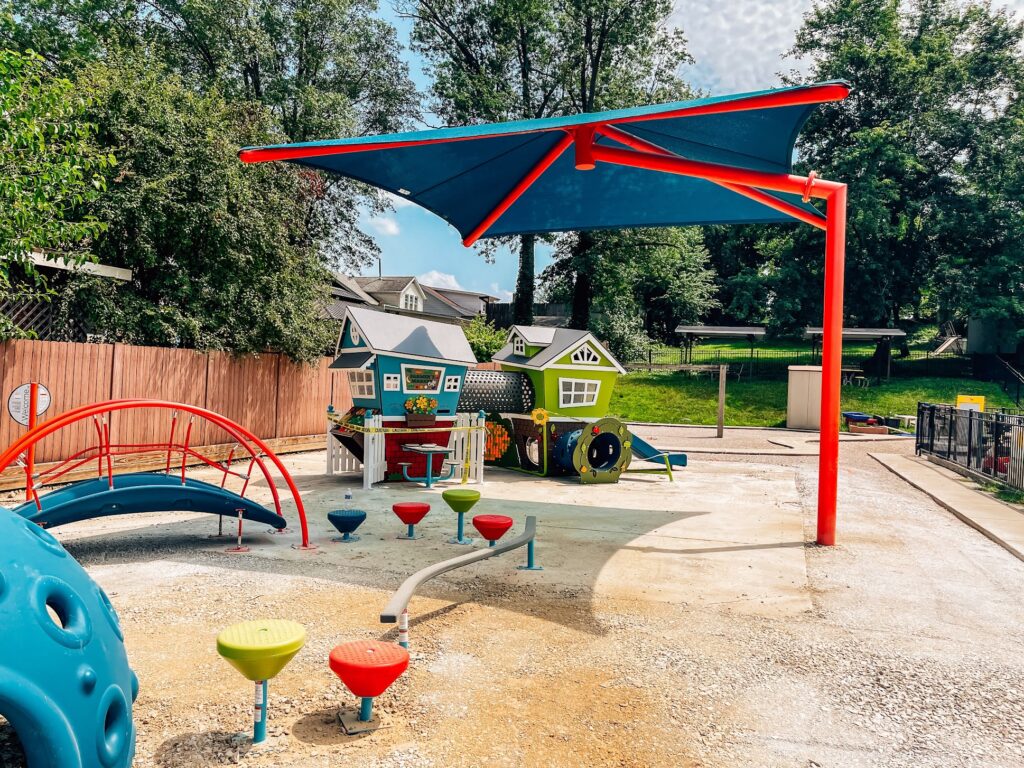 Shade structure installed over daycare playground in Huntingburg, Indiana