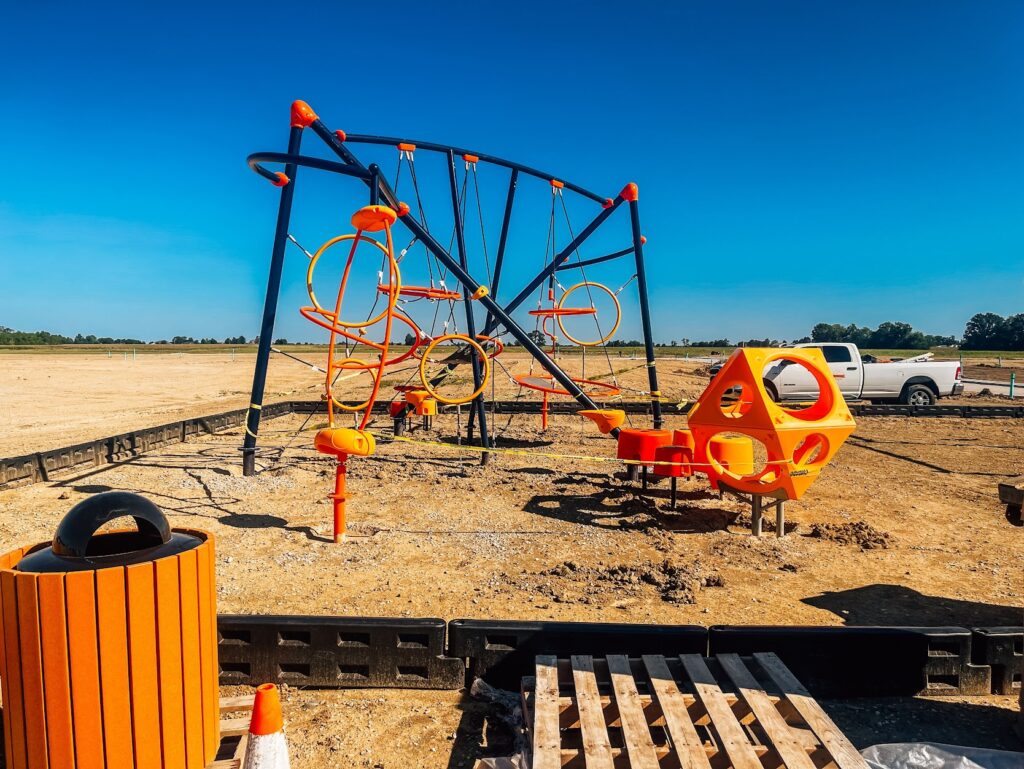 Close-up of commercial climbing platforms on a playground in Danville, Indiana.