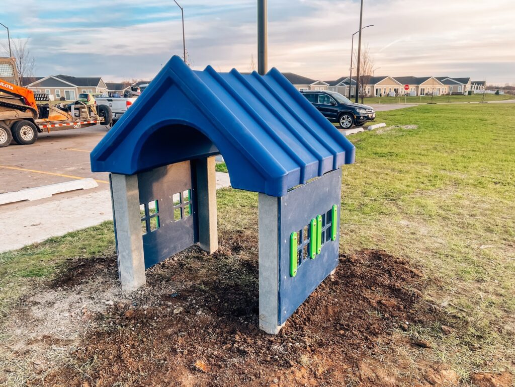 Dog playhouse installed in a commercial dog park in Kenosha, Wisconsin.