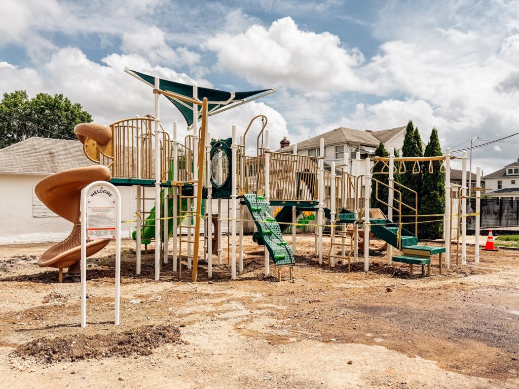 Rock climbing wall structure on a playground in Troy, Ohio.